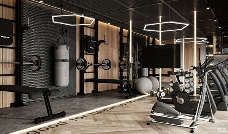 State-of-the-art gym at Godrej Ivara Kharadi featuring modern fitness equipment and contemporary lig.