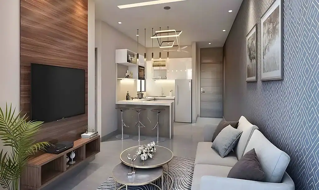 Modern living room with contemporary decor at Gera Avive Towers Kharadi.