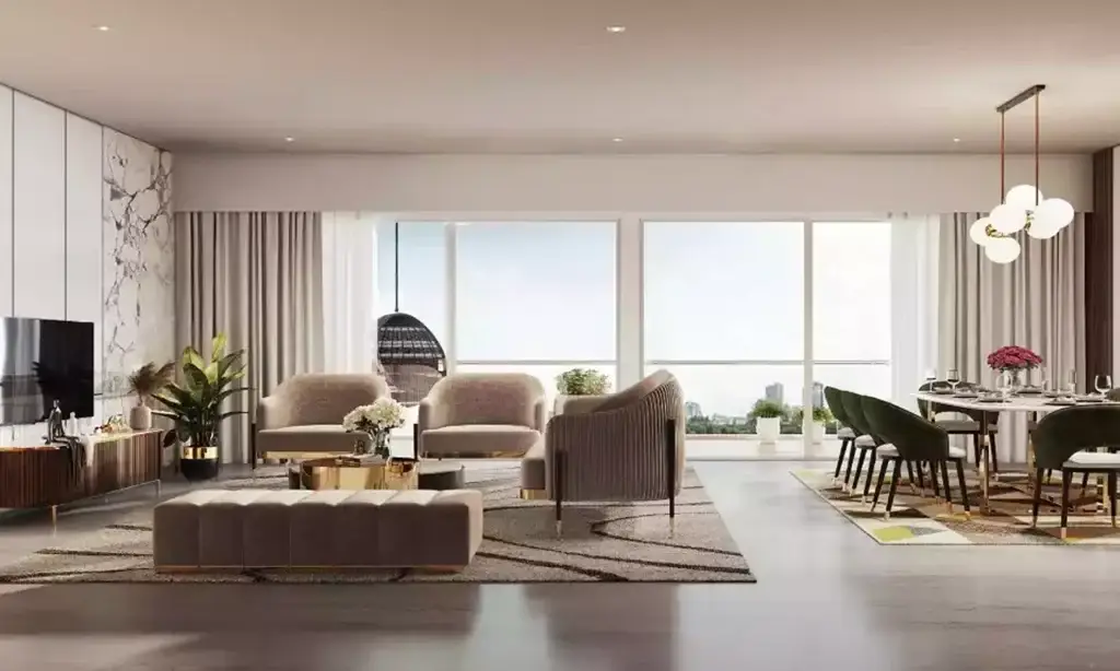 Luxurious living room at Gera Avive Towers in Kharadi, Pune, showcasing modern interior design and s.